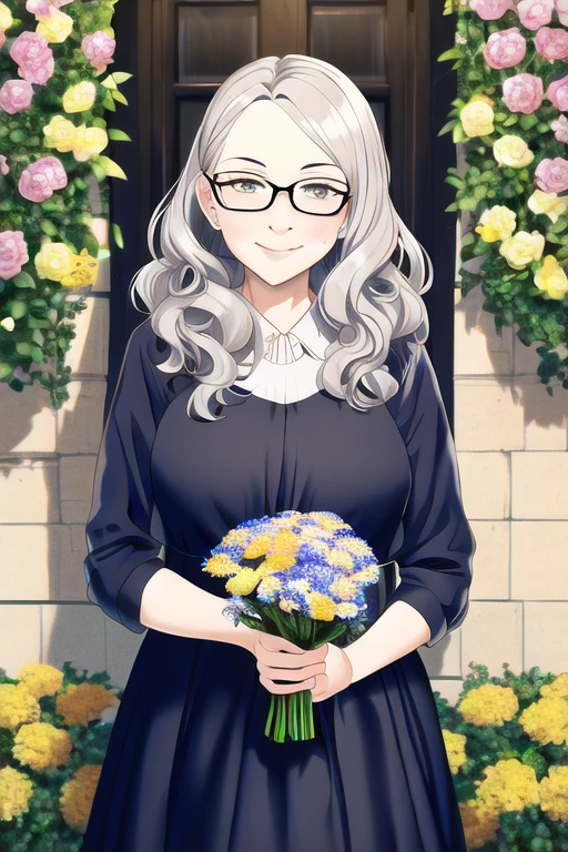 [NovelAI] rambut bergelombang kacamata bunga wanita tua gaun [Ilustrasi]